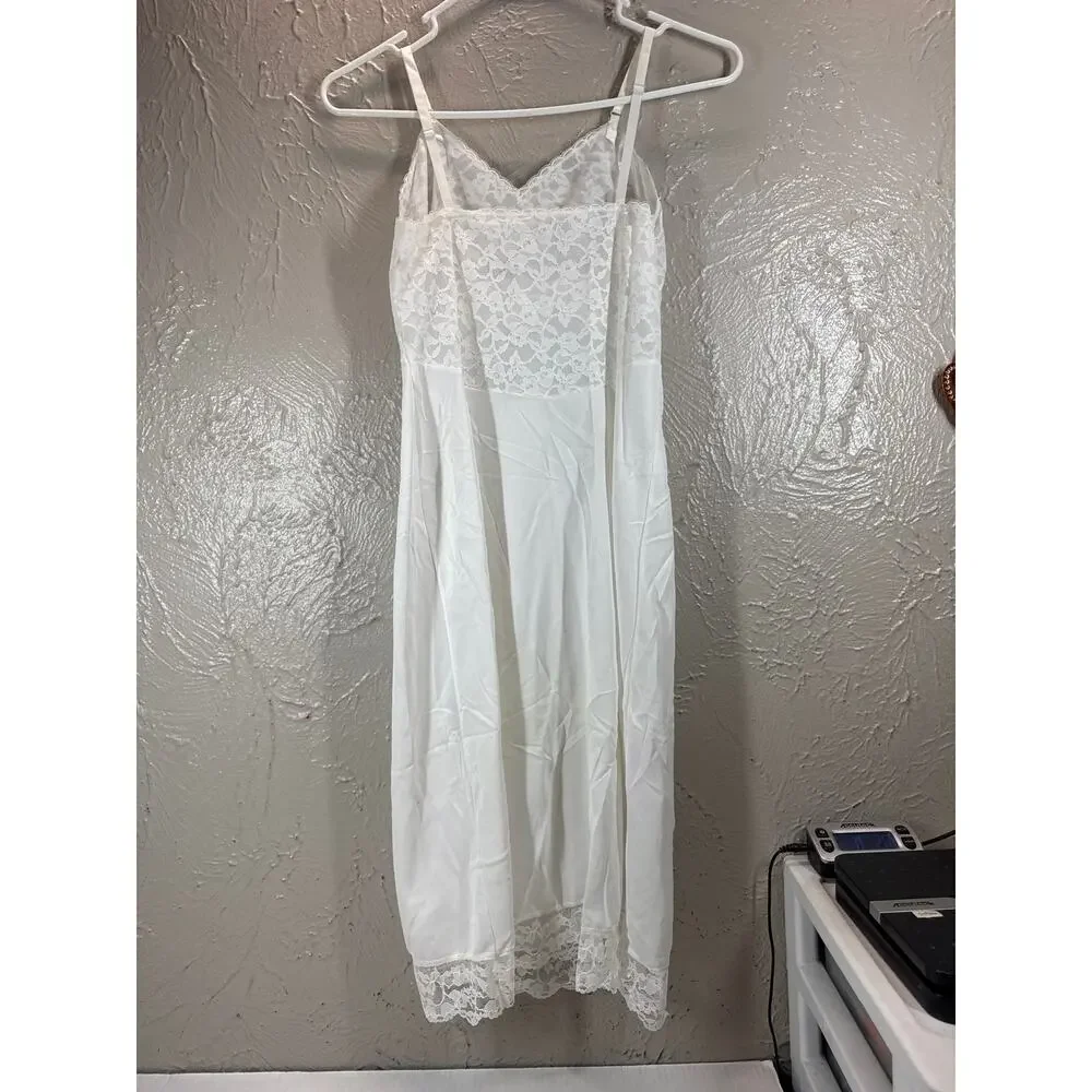Vintage Seamprufe Womens Slip Dress Short White Satin Lace Victorian 60s Size 34